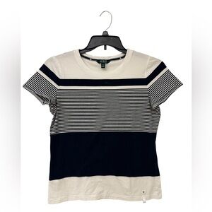 Ralph Lauren Women's Navy and White Striped Tee Size L